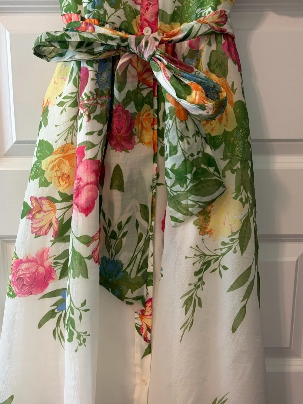 Flying Tomato Midi Floral Tie-Waist Dress in Cream and Green with Bell Sleeves - Picture 9 of 16